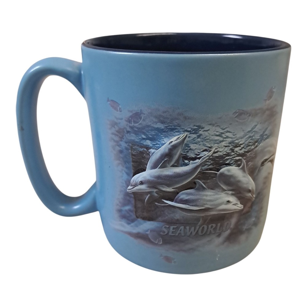 VTG Sea World Parks Embossed Raised Dolphins 3D Relief tourist coffee cup mug